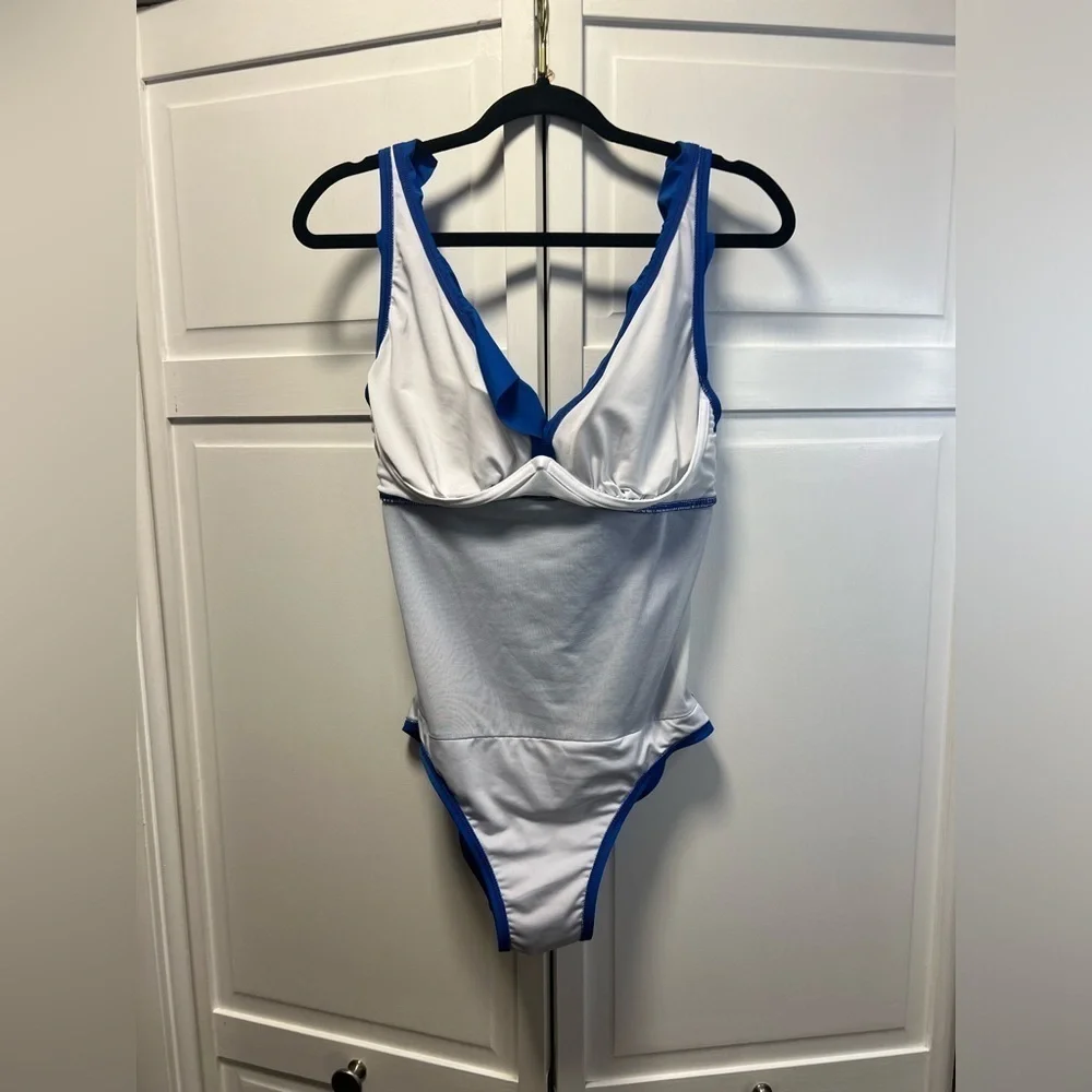DKNY Ruffle Plunge One-Piece Swimsuit Size Women’s 12 Color Lapis Pacific Blue - Picture 5 of 10